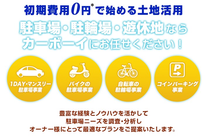 初期費用０円*で始める土地活用駐車場・駐輪場・遊休地ならカーボーイにお任せください！１DAYやマンスリー駐車場事業、バイクの駐車場事業、自転車の駐輪場事業、コインパーキング事業。豊富な経験とノウハウを生かして駐車場ニーズを調査・分析し、オーナー様にとって最適なプランをご提案いたします。