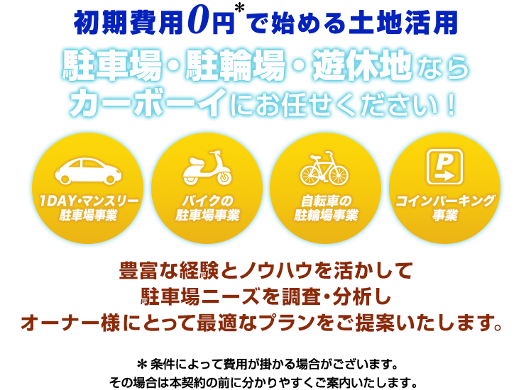 初期費用０円で始める土地活用（条件によって費用がかかる場合がございます。その場合は本契約の前に分かりやすくご案内いたします。）駐車場・駐輪場・遊休地ならカーボーイにお任せください！１DAYやマンスリー駐車場事業、バイクの駐車場事業、自転車の駐輪場事業、コインパーキング事業。豊富な経験とノウハウを生かして駐車場ニーズを調査・分析し、オーナー様にとって最適なプランをご提案いたします。