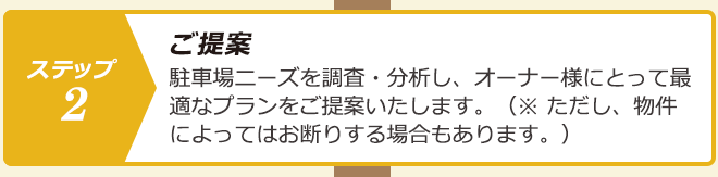 ステップ２.ご提案：駐車場ニーズを調査・分析し、オーナー様にとって最適なプランをご提案いたします。（※ ただし、物件によってはお断りする場合もあります。）