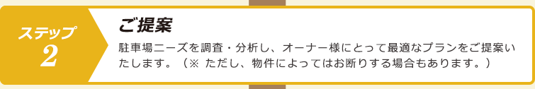 ステップ２.ご提案：駐車場ニーズを調査・分析し、オーナー様にとって最適なプランをご提案いたします。（※ ただし、物件によってはお断りする場合もあります。）
